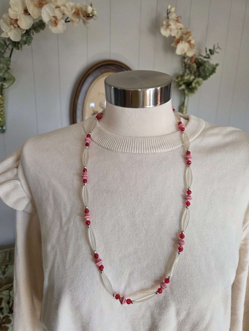 Vintage Handmade Red and Cream Beaded Long Necklace